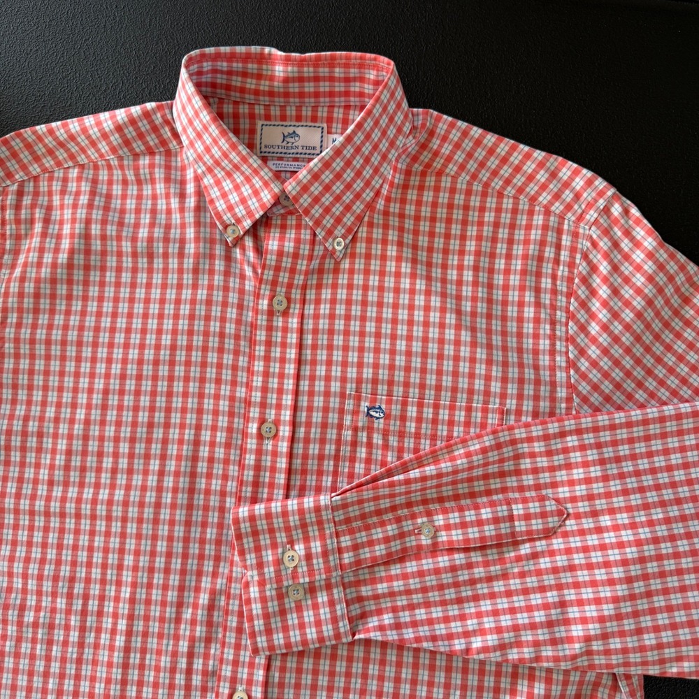 Southern Tide Performance Gingham Shirt Mens Medium Orange Plaid Button Down